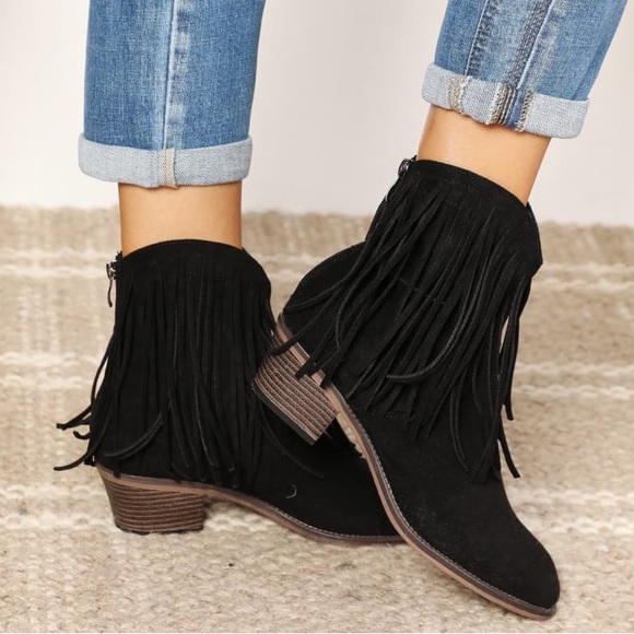 Classic Fringe Black Ankle Booties - Picture 5 of 8